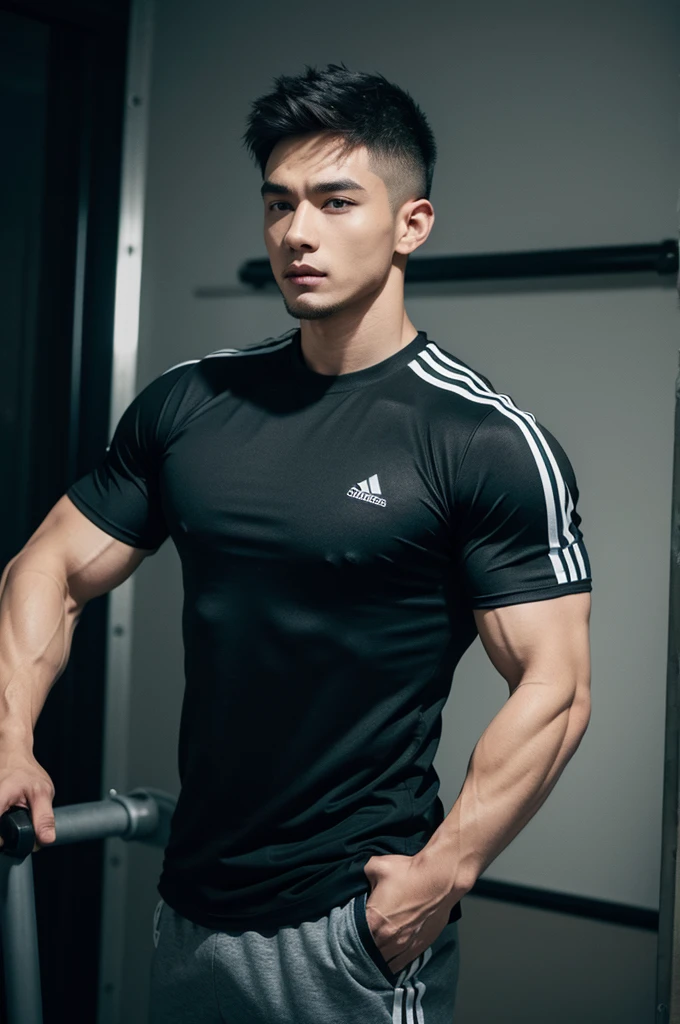 Muscle boy, adidas black t shirt 