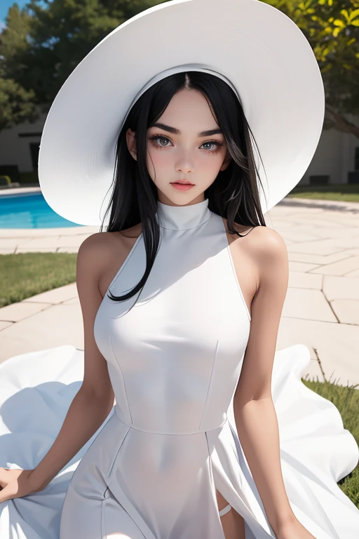 (best quality, masterpiece, perfect face) black hair, 18 years old pale girl, big , white sundress, big white hat