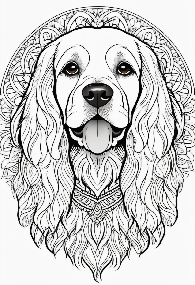 happy white and black cocker spaniel, Simplified Mandala style, outline, vector, white background