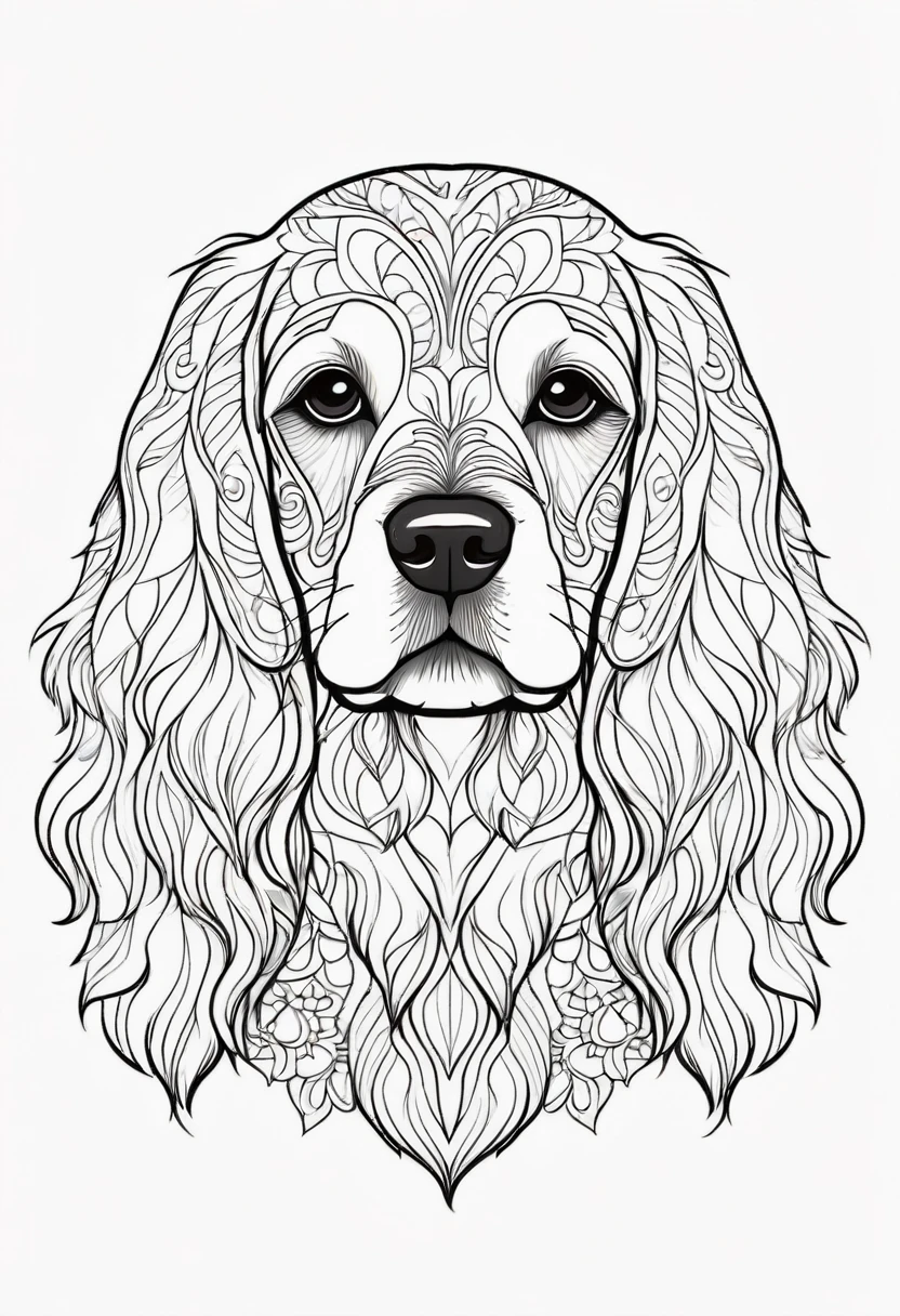 happy white and black cocker spaniel, Simplified Mandala style, outline, vector, white background