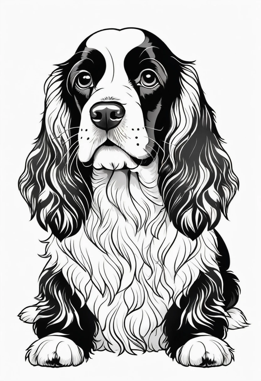 happy white and black cocker spaniel, Simplified Mandala style, outline, vector, white background