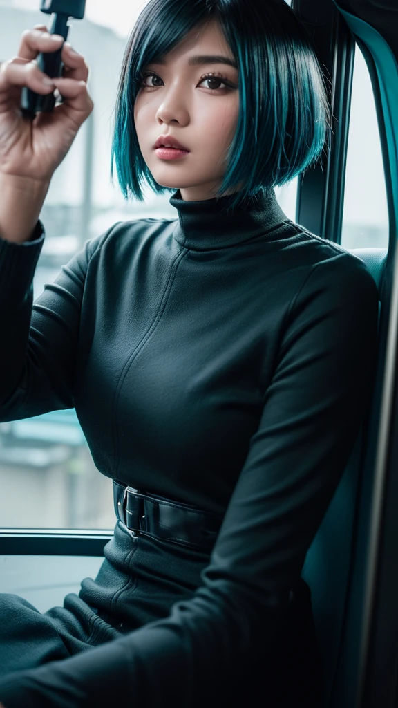 ((High quality, 8k, perfect quality, realistic)), beautiful, ((black and cyan hair color, short hair)), bedroom , selfie, staring out of the bus window, ((Indonesia)), adult, Indonesian region, ((realistic, facial texture)) Selfie photo with selfie stick, ((solo))