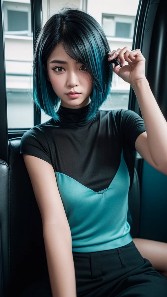 ((High quality, 8k, perfect quality, realistic)), beautiful, ((black and cyan hair color, short hair)), bedroom , selfie, staring out of the bus window, ((Indonesia)), adult, Indonesian region, ((realistic, facial texture)) Selfie photo with selfie stick, ((solo))