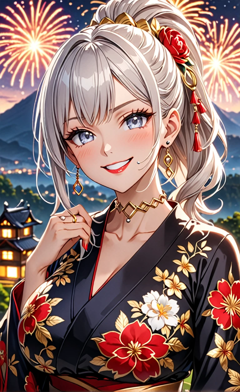 ((One personの少女)), (game cg), Pretty face, Beautiful Face, (Laughing embarrassedly), (smirk:1.4), ((Wink:1.5)), (head tilt:1.3), Laugh with your mouth wide open, upper teeth, looking at viewer, ((full-face brash:1.5)), Glossy Red Lips, ((Big Breasts:1.4)), night,Mountain countryside landscape, firework, Glossy Red Lips, (Shining Face), ((Anime style background)),masterpiece, Highest quality, so beautiful,up to date, Complex details, (Pink long nails), (nail art), (Gold Ring),(Gold bracelet),(Gold floral choker), (helix piercing:1.7), AI-generated, Complex,High resolution, Highest quality, super high quality,3D Images、3D Images,One person,Long white hair,High Ponytail, Anime woman posing for a photo, ((silver eyes:1.6)), ((Fine grain、blue eyes、Shining Eyes:1.3)), (Squint your eyes:1.1),a hyperRealistic , hyperRealistic , Realistic,Anime woman with long white hair, Smooth anime CG art, (A woman in a colorful kimono with gold embroidery), ((Black long sleeve kimono:1.3)), Red floral pattern,(Long flower hair ornament),Floral Earrings,Mature Body,Abdominal muscles,Tight waist, ((Zoom in on face:1.6)),