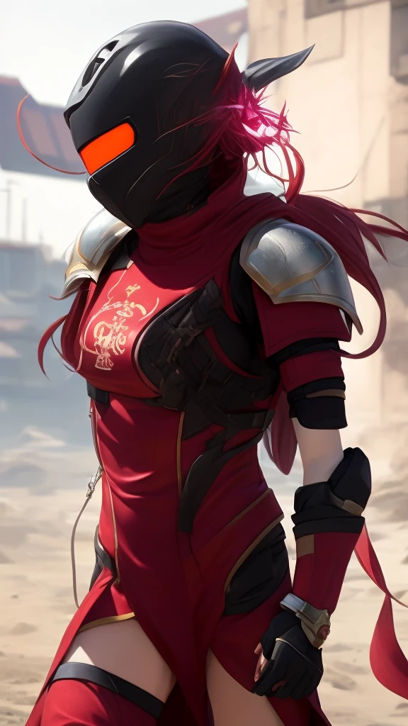 ((Best quality)), ((masterpiece)), (detailed: 1.4), (Absurd), Fighter pilot (((Muslim woman wearing long dark red dress face covered)))), ready for war, dark skin, Middle Eastern woman, sculptural body with defined muscles, closed mouth, muscular body covered by a Hoyoverse-style technological dress, Honkai Impact, Geishin Impast, technological veil covering face, Veil covering head,  whole body covered by clothing, holding two scimitars, ((small breasts)), (violet eyes without pupils), ((very dark red and very dark green clothing)), (((white and black hair fulfilled)), (thin white stripes on the green covering the breasts), (image of a Persian sword on the arms), ((drawings of green stars on the arms)), very long eyelashes, heavy eye makeup,  lots of jewelry, by mucha, niji --V5, close to real, psychopathic, crazy face, sexy pose, background with a giant Gundam style robot head, 2 piece clothing, diamond shoulder pads, pastel, centered, scale to fit dimensions, HDR (High Dynamic Range),Ray Tracing,NVIDIA RTX,Super-Resolution,Unreal 5,Subsurface dispersion, PBR texture, Post-processing, Anisotropic filtering, Depth of field,  Maximum clarity and sharpness, Multilayer textures, Albedo and specular maps, Surface shading, Accurate simulation of light-material interaction, Perfect proportions, Octane Render, Two-tone lighting, Wide aperture, Low ISO, White balance, Rule of thirds, 8K RAW, crysisnanosuit