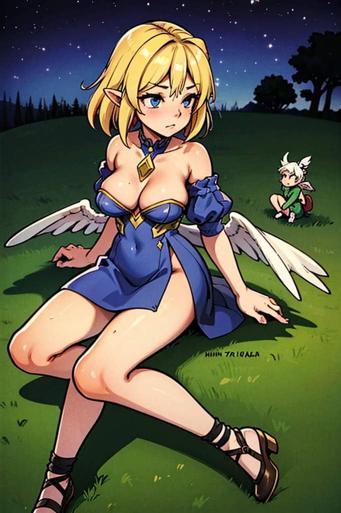(((seven best friends:)))[ a fairy with bright wings, a demon with incandescent eyes, two elves with pointy ears and silver hair, an angel with golden feathers, a semi-human rabbit with long, soft ears, and a human with warm eyes, They accompany a young man with ninja-style hair and a well-groomed beard., dressed in urban rapper clothes]. ((( Together, they sit in a green field, on a melancholic night,))) surrounded by the stillness of nature. Under the starry sky, a campfire crackles softly, casting dancing shadows on their sad faces. The aroma of burning wood and the whisper of the wind through the trees fill the air. Each one of them, immersed in his thoughts, find comfort in the company of others. The stars, as silent witnesses, shine brightly, while sharing stories and memories, seeking solace in the beauty of the universe and the strength of their friendship.