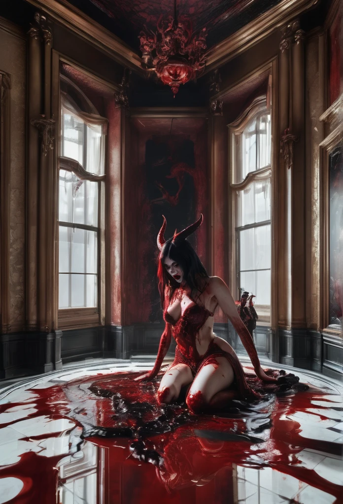 Intricate details of seductive succubus in room full of blood, photorealistic