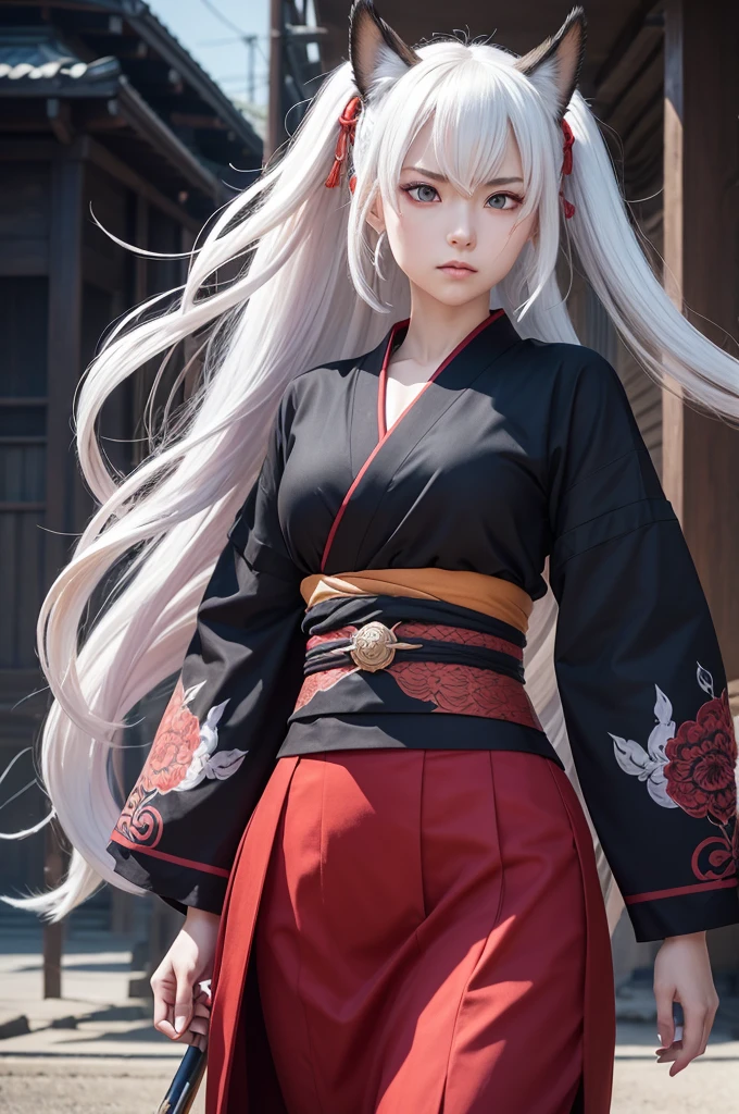 Demon Slayer screencap of a similar to Daki oni beautiful adult girl with long wavy white hair,in attack position with katana, She is VILAN,She is expressionless, has fox red eyes (striking and half closed)cilios longos e rosto igual da Daki,very similar to human daki ,tanned skin, beautiful and mature face, she wears the oni hunter outfit along with a beautiful dragon kimono. UFOTABLE Studios.KIMETSU NO YABAI ANIME STYLE.