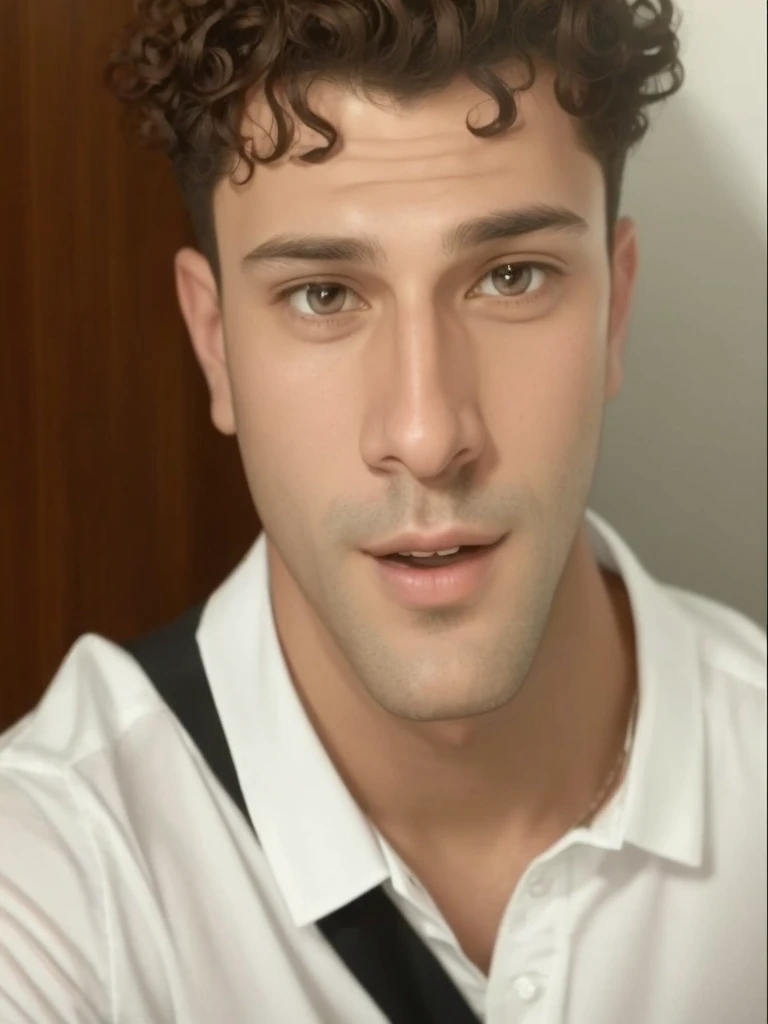 Face of a handsome boy with curly hair and a white shirt.
