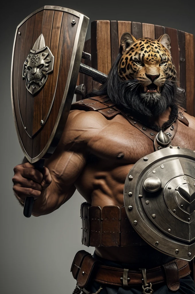 Strong man with jaguar head and claws, with sword and wooden shield