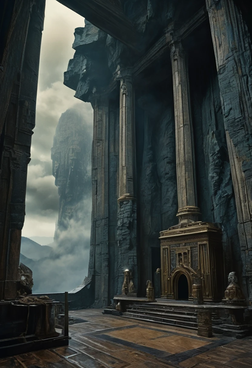 Fortress laboratory high in the mountains. There is a huge glass from floor to ceiling on both sides, 6 columns in the center there is a pedestal on it, an ancient artifact in the form of a bust, a large helmet with a non-human head inside. Epic look, mystic, enigmatic. View of the mountains, cloudy weather outside the large window, a frightening mountain system, cloudy clouds, a beginning blizzard. photonegative refractograph - - ar 8:10 - at 6.0. Beksinski, Giger. Bernie Wrightson, artstation trends, horror film,
