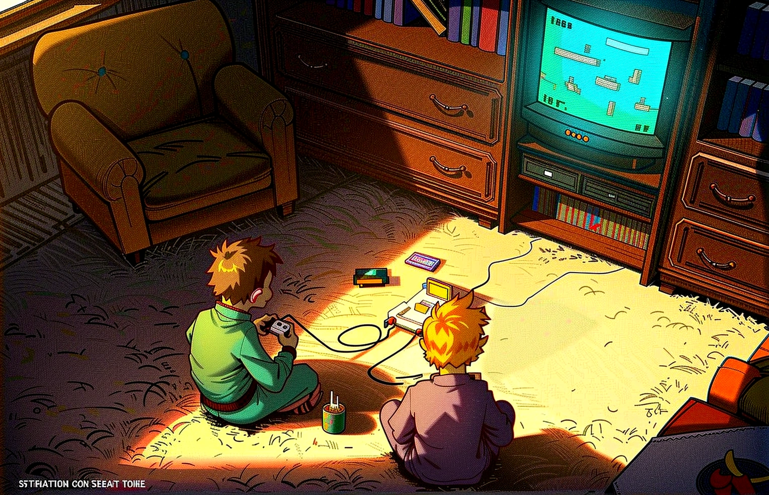 cartoon of two children playing a видео игра in a living room, видео игра fanart, lo-fi retro видео игра, Нинтендо game art, лофи-арт, видео играs, видео игра, twins playing видео играs, by Kubisi Art, видео игра art, видео игра art, видео игра digital art, дождливый день. Нинтендо, Нинтендо style, видео игра