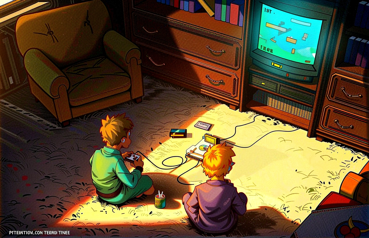 cartoon of two playing a видео игра in a living room, видео игра fanart, lo-fi retro видео игра, Нинтендо game art, лофи-арт, видео играs, видео игра, twins playing видео играs, by Kubisi Art, видео игра art, видео игра art, видео игра digital art, дождливый день. Нинтендо, Нинтендо style, видео игра