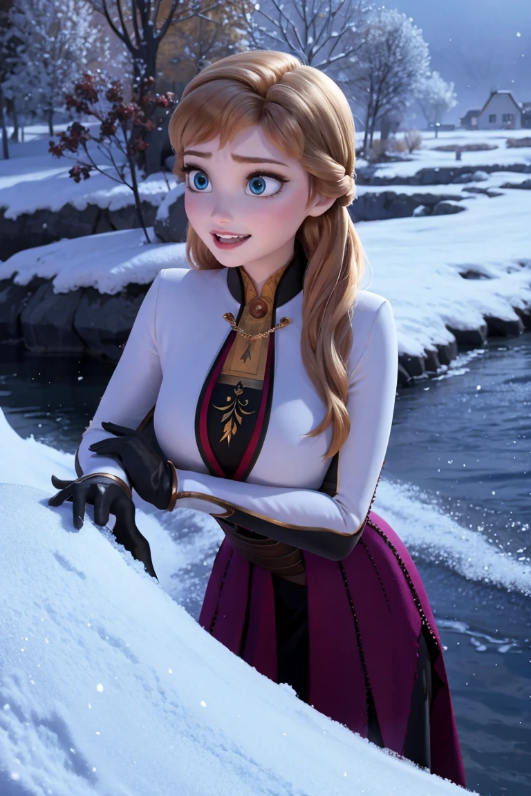 anna, looking at the viwer, outdoors, snow, skirt, big bust