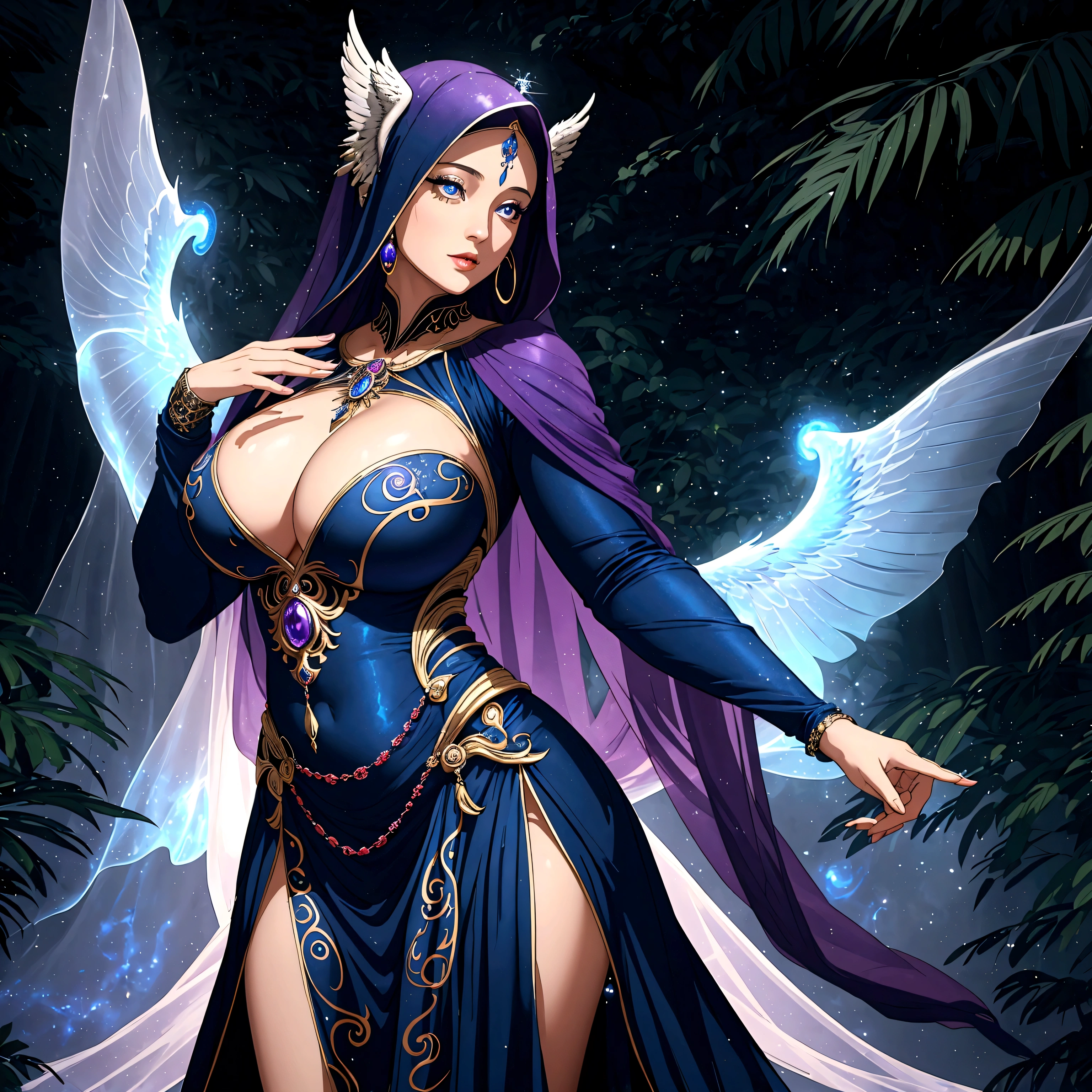 (best quality,4k,highres,masterpiece:1.2),ultra-detailed,(realistic:1.37) A mature curvaceous Malaysian woman with her age at 40, dressed in a hijab that covers all of her hair, is standing in the center of a mystical scene. She is wearing a beautiful silk magic gown that shimmers with an otherworldly glow. The gown flows gracefully around her figure, accentuating her curves and adding an air of elegance to her presence. The woman is a witch, strong and knowledgeable in the mystic arts. She stands confidently with her hands raised, as if channeling her magical powers. Around her, a magic circle adorns the ground with intricate symbols and glowing sigils. The circle is made from a combination of runes and arcana, pulsating with energy in vibrant colors of blues and purples. As the woman continues her summoning, a mythical monster starts to materialize from within the magic circle. The creature is a magnificent being, towering with a majestic presence. Its body is covered in shimmering scales, reflecting the light around it in a mesmerizing display. The creature's form is a combination of various animals, with wings of an eagle, the tail of a serpent, and the head of a lion. The scene is bathed in an ethereal light, reminiscent of moonlight casting an enchanting glow. The soft illumination illuminates the woman's face, revealing a calm and focused expression. Her eyes emit a glimmer of magic, while her lips are curved in determination. The background is an enchanted forest, with towering trees reaching towards the sky. The forest is filled with vibrant foliage, casting shadows and adding layers of depth to the overall composition. The air is filled with an aura of mystery and anticipation, as if the entire world holds its breath in awe of the imminent manifestation. The color palette of the scene is rich and vivid, with deep shades of blues and purples dominating the overall tone. The contrasting warm hues of the woman's gown provide a beautiful balance and creat