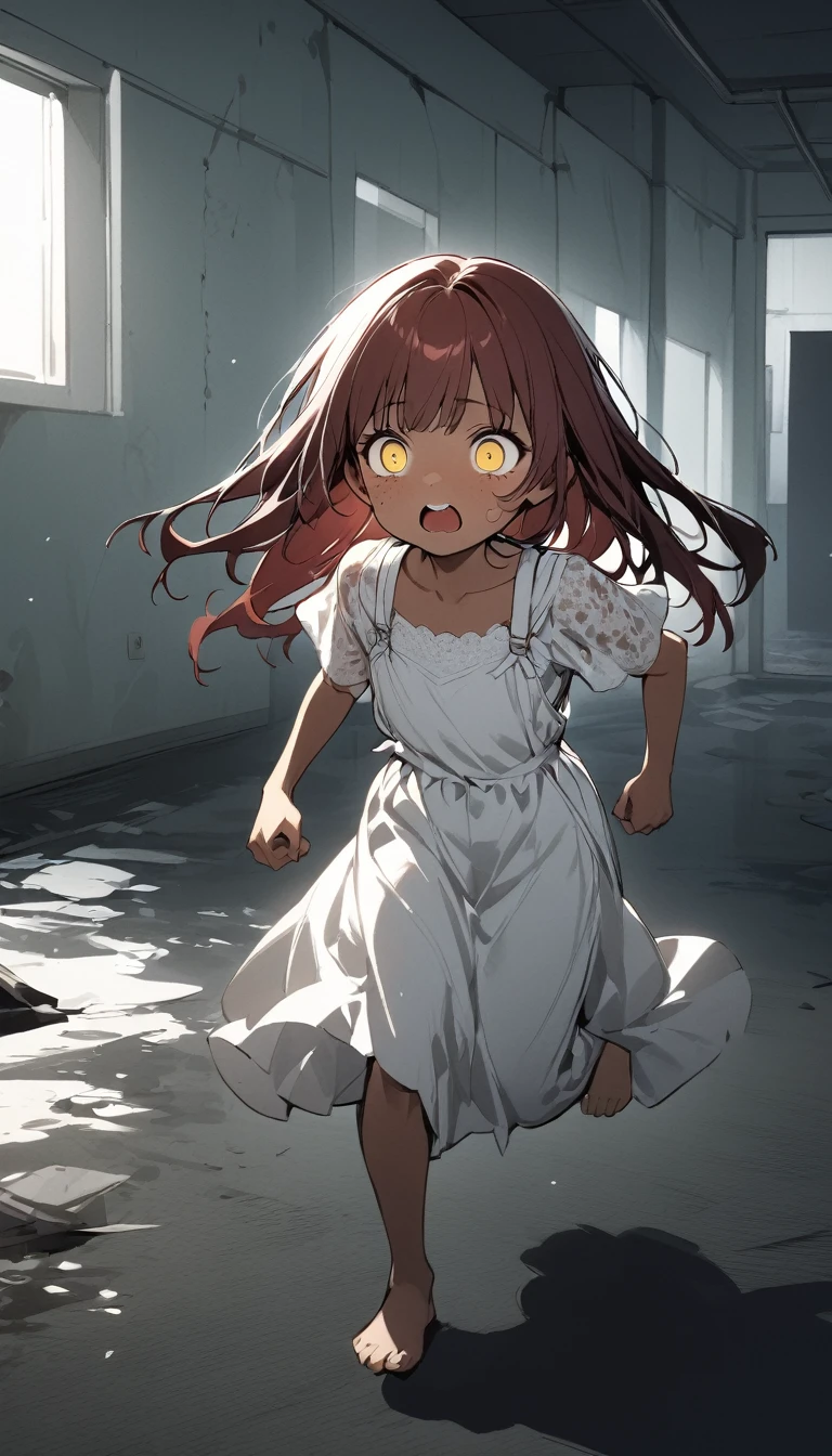 ((use white, black and red)) ((high quality)) ​masterpiece,top-quality,horror,midnight, 1 girl, 10 years old, dark red hair, long silky hair, yellow eyes, tan skin, freckles,barefoot, plain white lace Gown, in a abandoned hospital, horror, kid, body, horror cinematic, scared, running, sobbing、Overall dark, flash lights