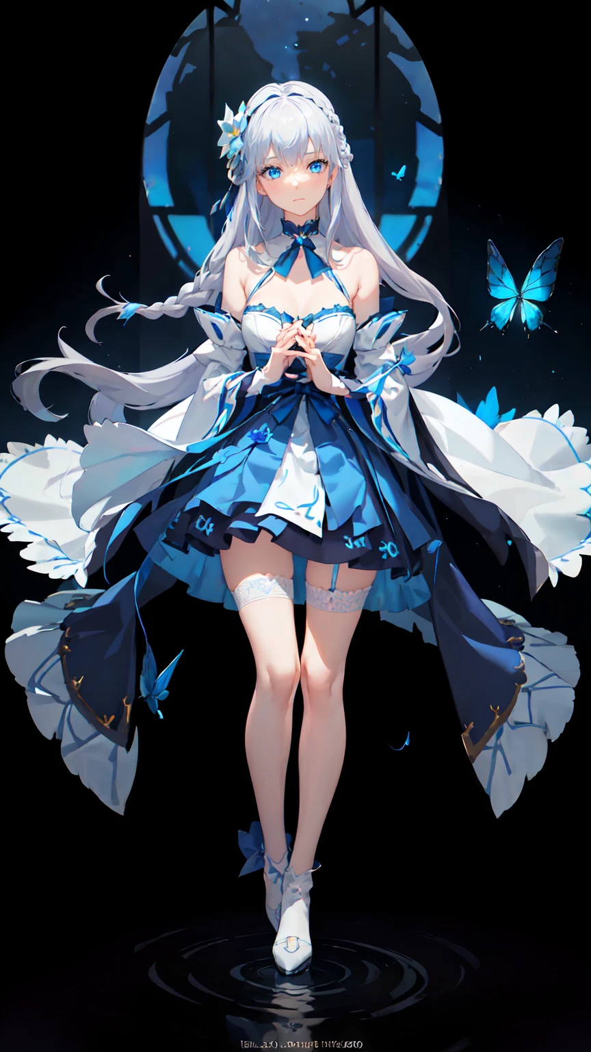 (Overhead view),dynamic angle,ultra-detailed, illustration, close-up, straight on, 1girl, (fantasy:1.4), (azure blue eyes:1.233),Her eyes shone like dreamy stars,(glowing eyes:1.233),(beautiful and detailed eyes:1.1),(Silver hair:1.14),(messy hair,very long hair,french braid,hair between eyes,sidelocks), (+(bule hair flower:1.14)),(chiffon dress,bule flower pattern in uniform)/=(military uniform:1.24),(detached sleeves,wide sleeves),(fingerless gloves),choker,(miko thighhighs),High heeled boots,(expressionless,closed mouth),(standing), (classical Princess boudoir with dressing tableand french windowin a white ancient palaces),(white flowers,bloom),(abysmal sea),(flowing water),(a dull blue world tree:1.14),(ruins),(night:1.2),dreamy,soul,(fluorescence),(flying translucent blue butterflies:1.15), [[delicate fingers and hands:0.55]::0.85],(detail fingers),(yubao:0.5),