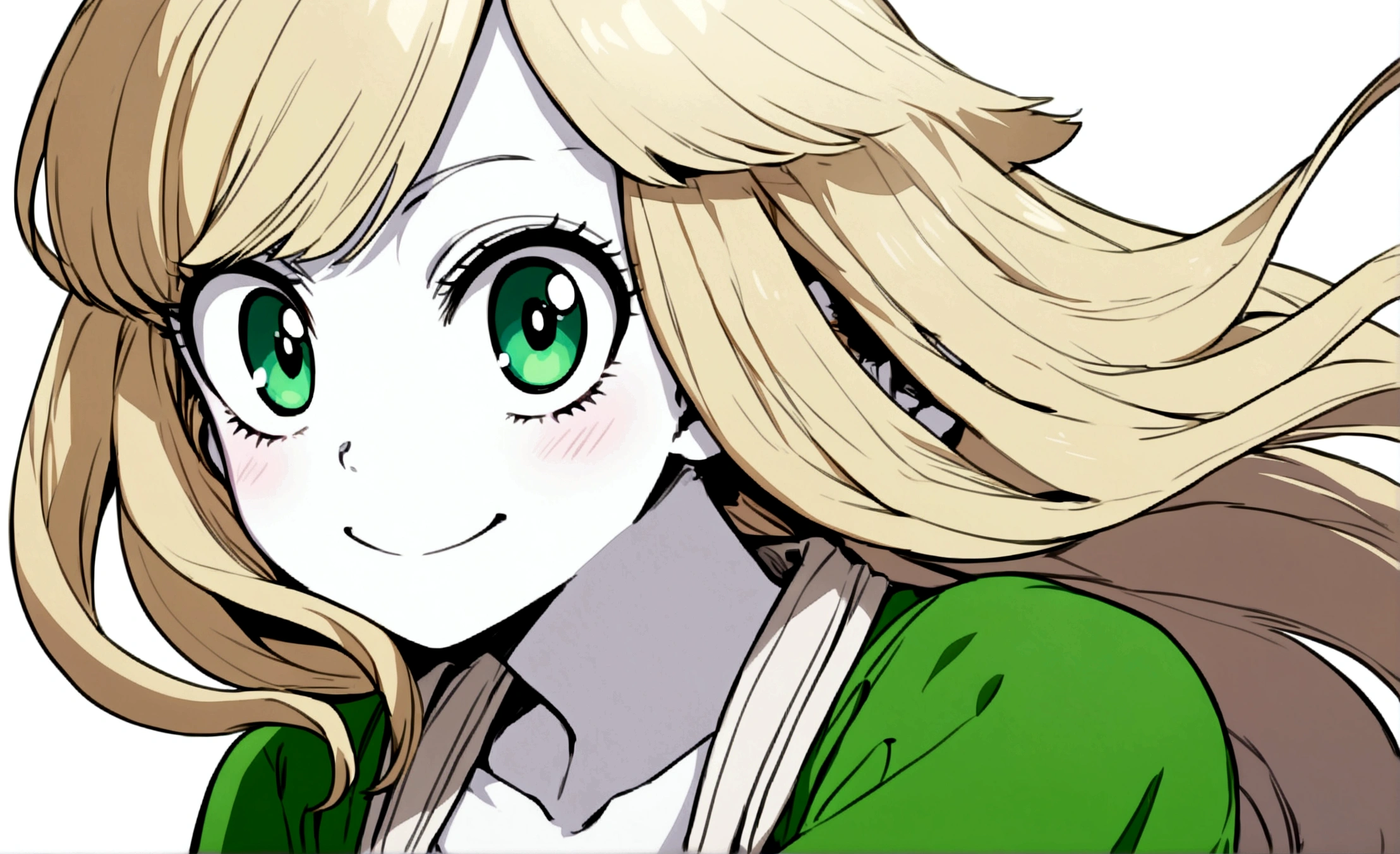 Boku no hero style anime girl, with long wavy blonde hair, emerald green eyes, pale skin, radiant smile, and a kind personality