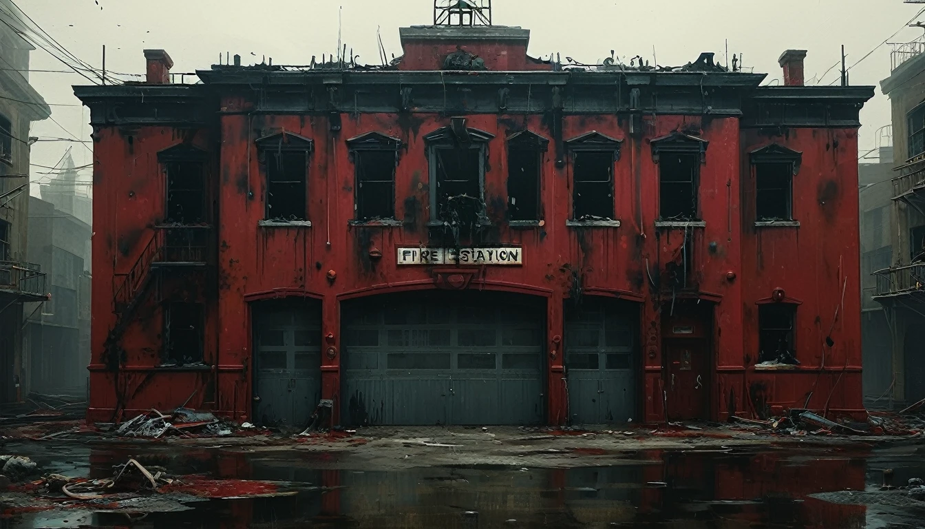 Create an abandoned fire station in an apocalyptic world surrounded by sinister zombies trying to invade