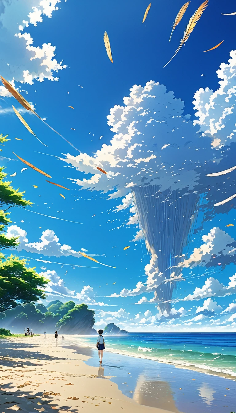 Highly detailed anime scenery, People falling from the sky 100 series poster style, The 100, Man falling into the sky々, Beautiful horizon on the beach, From afar、Feathers falling and floating, cloud, Small handwriting, Calm Sky Anime Nature Wallpaper, Beautiful scene from anime, Beautiful anime peace scenes, Makoto Shinkai Cyril Rolland, Beautiful anime scene, Awesome Wallpapers, wallpaper anime art 8k, Anime Background, Anime Art Background, Anime 4K Wallpapers, Anime Art 4K Wallpaper, Anime Art 4K Wallpaper,