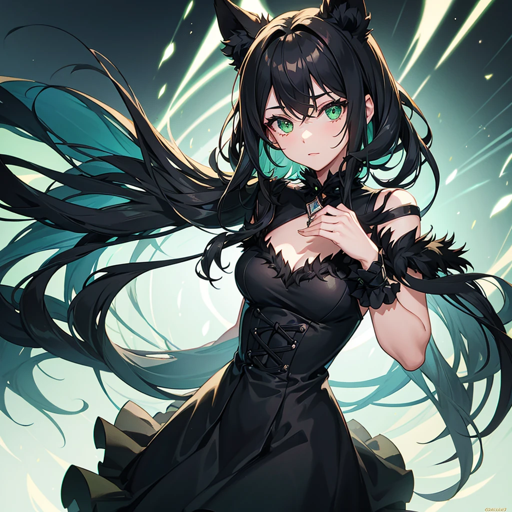 1 girl , black fur, green eyes, with a pretty dress