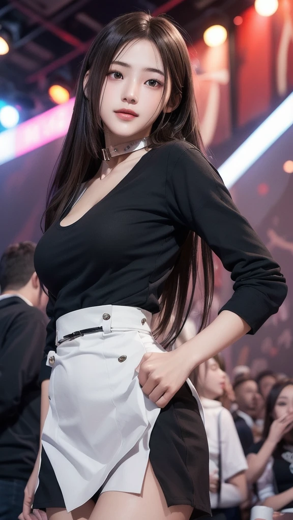 Photorealistic, masutepiece, best quality, raw image, realistically:1.4, 1girl in, , solo, long hair, facial face details, small face, The best hair details, brown hair, ใบหน้าrealistically, The face has the best detail., charming face, ((Feeling shy)), Black shirt with collar, Medium to quite large breasts, big breasts, dynamic gesture, (Beautiful figure), (Beautiful figure), (Slim figure), (Good figure, slender, slim, good figure), looking at the audience, from below, Detailed background, great details, complicated details, Ray tracing, depth of field, lowkey, nffsw