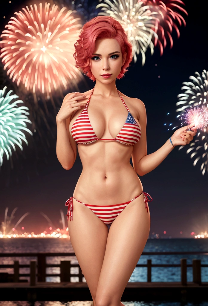 arafed woman with short pink hair, blue eyes, hourglass body  in an american flag stamped bikini posing in front of a fireworks display, a colorized photo by Bernardino Mei, reddit, digital art, 4th of july, fourth of july, fireworks in the background, better known as amouranth, firework, stars and stripes, amouranth, fireworks in background, patriotic!, gorgeous bikini model, fireworks