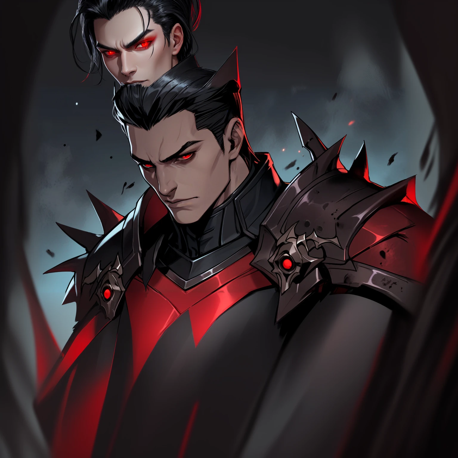 a man with slicked back black hair with red eyes wearing demonic armor that is black and red