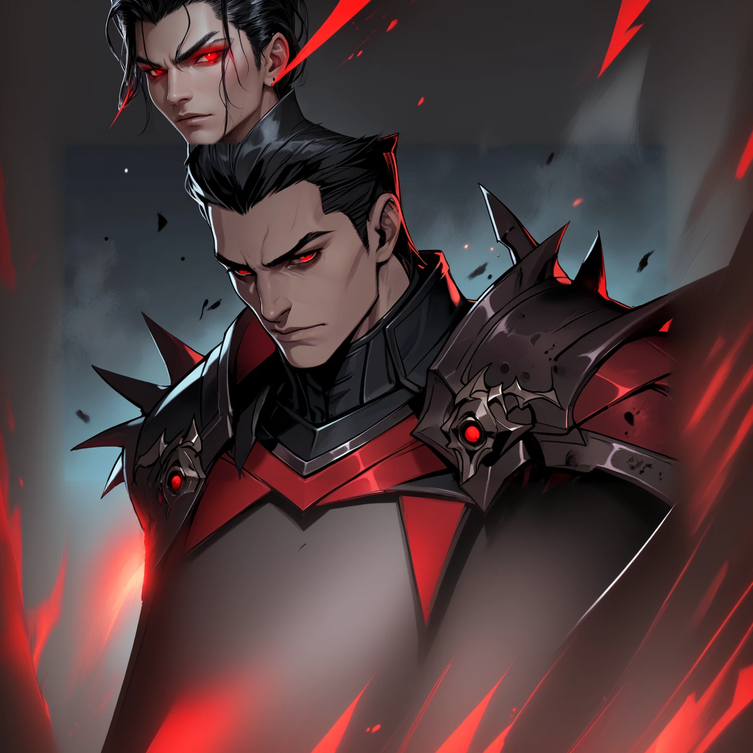 a man with slicked back black hair with red eyes wearing demonic armor that is black and red