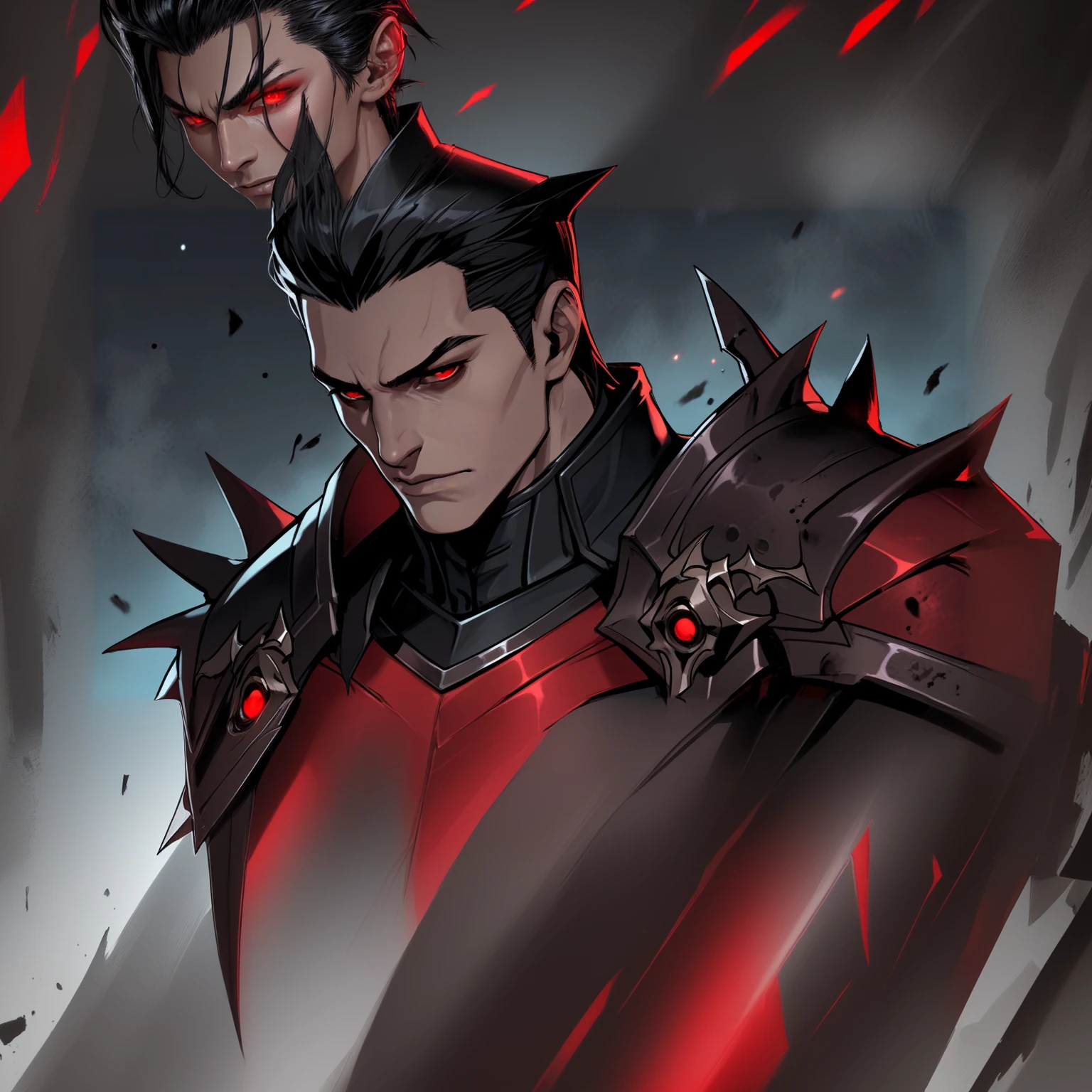 a man with slicked back black hair with red eyes wearing demonic armor that is black and red