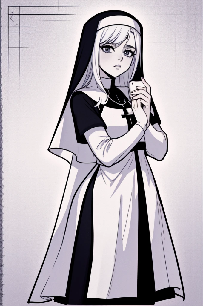 a drawing of a nun with a rosary in her hands, clean anime outlines, nun outfit, perfect lineart, clean lineart, lineart behance hd, nun, simple lineart, nun fashion model, shoujo manga character design, beautiful line art, billie eilish as a nun, extremely fine ink lineart, line art!!