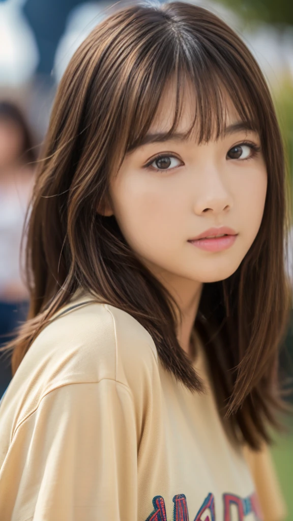 Highest quality, 8K,  ,masterpiece :1.3)), In-person audience,((Whole body 1.2)) ,Beautiful woman, Wide Shot ,One girl, ,  Seaside,,  , Brown Hair  , bangs,T-Shirts,Highly detailed face, Highly detailed lips, Fine grain, double eyelid