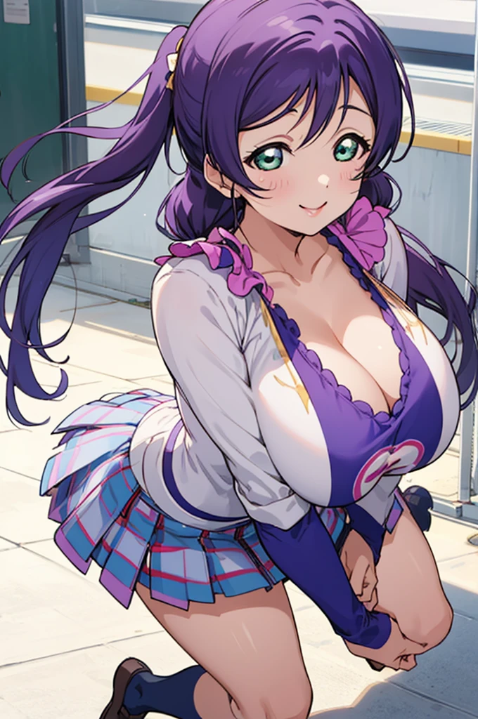 (love live! school idol project:1.15763), (love live!:1.15763), (toujou nozomi:1.15763), purple hair, green eyes, (large breasts:1.4), (long hair), (low twintails:1.3), smile,socks