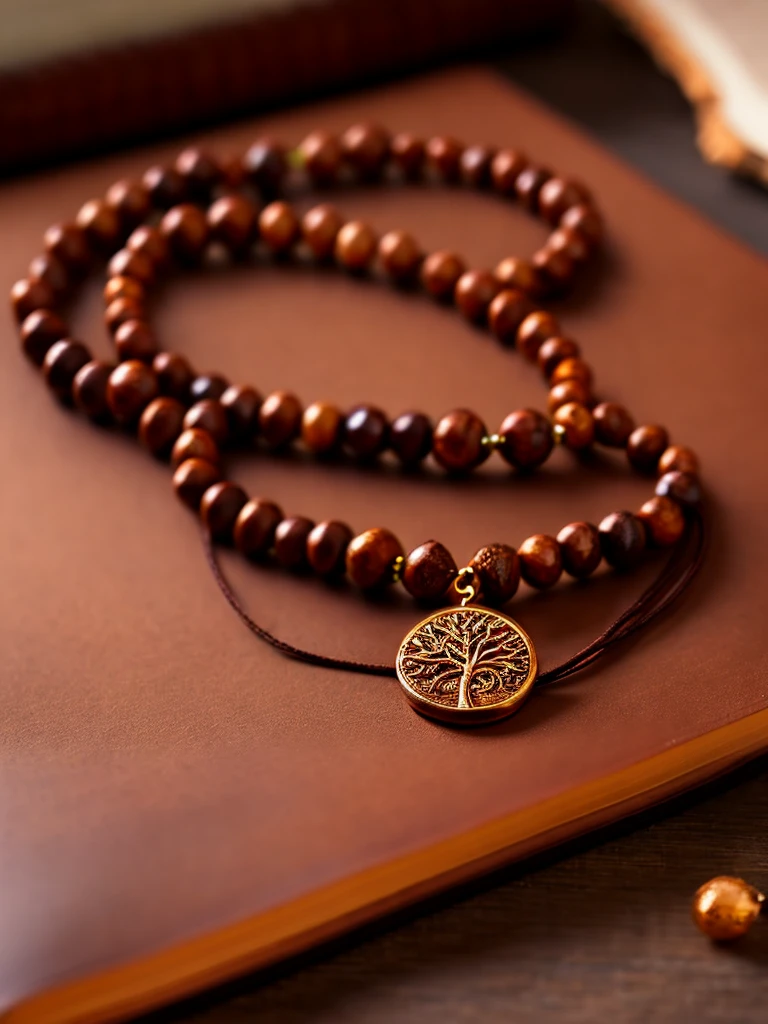 a prayer beads cord of brown beads with metalic medal carved with a tree, on a table, over a book, focus in the medal