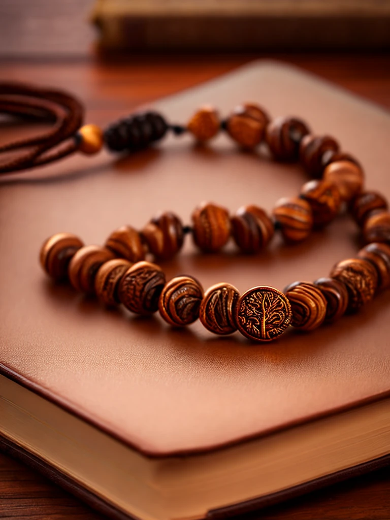 a prayer beads cord of brown beads with metalic medal carved with a tree, on a table, over a book, focus in the medal