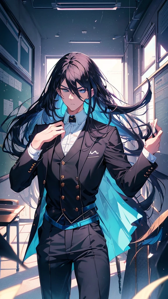 best quality, extremely detailed, anime style adult 1girl, long hair down to the waist, straight hair, ((dark black hair with bluish)),under bun,beautiful detailed eyes, pinched eyes, dark blue eyes, huge breasts,curvy,((((boys' school uniform)))),blazer,((((trousers)))),Clothes with a lot of cloth area,masculine attire,((((handsome)))),((classroom))