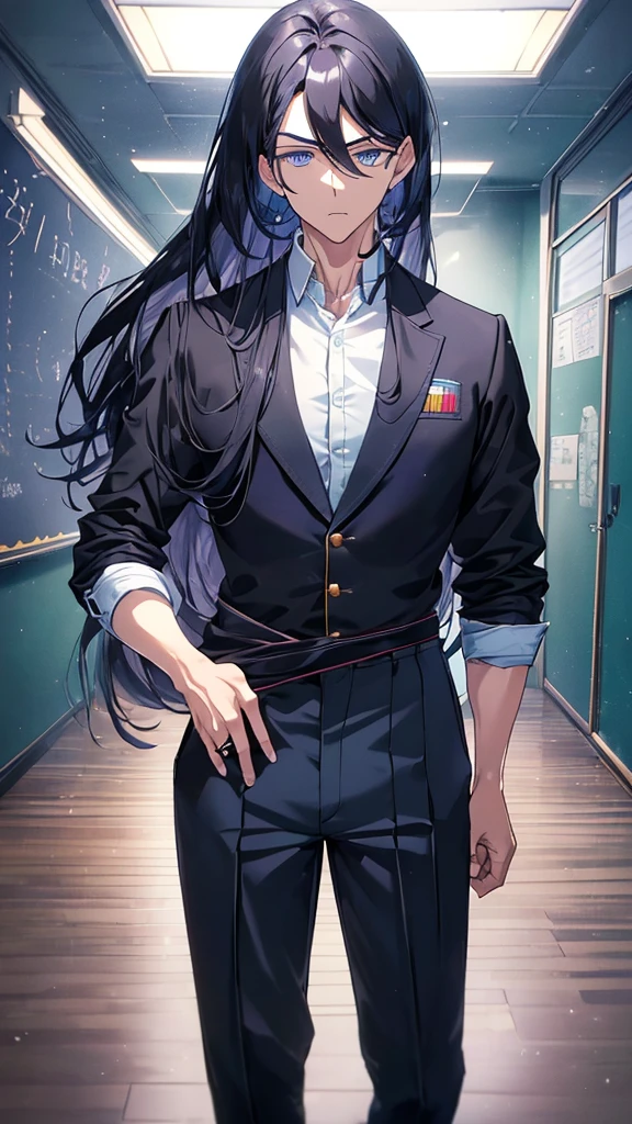 best quality, extremely detailed, anime style adult 1girl, long hair down to the waist, straight hair, ((dark black hair with bluish)),under bun,beautiful detailed eyes, pinched eyes, dark blue eyes, huge breasts,curvy,((((boys' school uniform)))),blazer,((((trousers)))),Clothes with a lot of cloth area,masculine attire,((((handsome)))),((classroom))