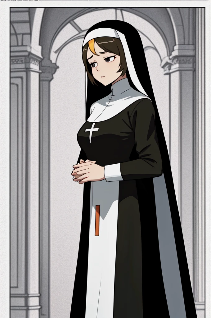 An anime-style lineart image of a standing nun praying