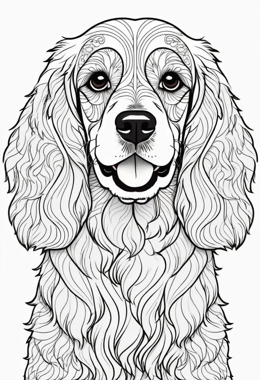 happy white and black cocker spaniel, Simplified Mandala style, outline, vector, white background