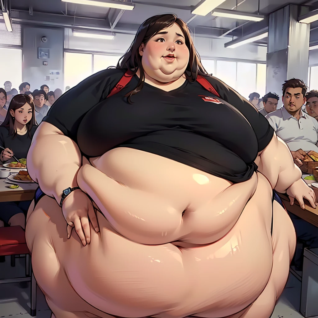 (masterpiece, best quality, highres, detailed, realistic:1.2), korean woman, young, ager, USSBBW, (morbidly obese, fatblob:1.5), (gigantic belly:1.3), (detailed face, beautiful face), high aesthetic, eating junk food, panties, surrounded by concerned friends, restauraunt