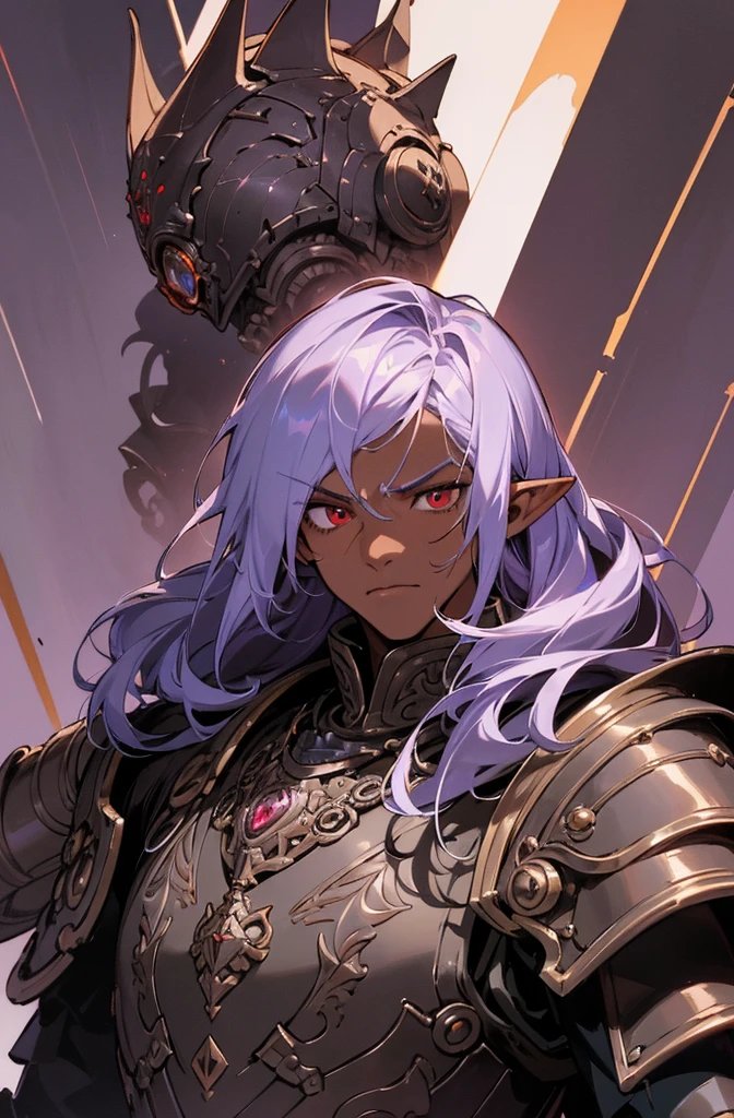 masterpiece, best quality, ultra high res, dark theme, 1boy, (dungeonpunk armor), (mechanical steampunk armor), (wearing armor), fantasy illustration, dark skinned, human, upper body, portrait, red eyes, long white hair, half-drow, pointy ears, serious face, young man, dramatic lighting, purple hue, art by Kinema Citrus
