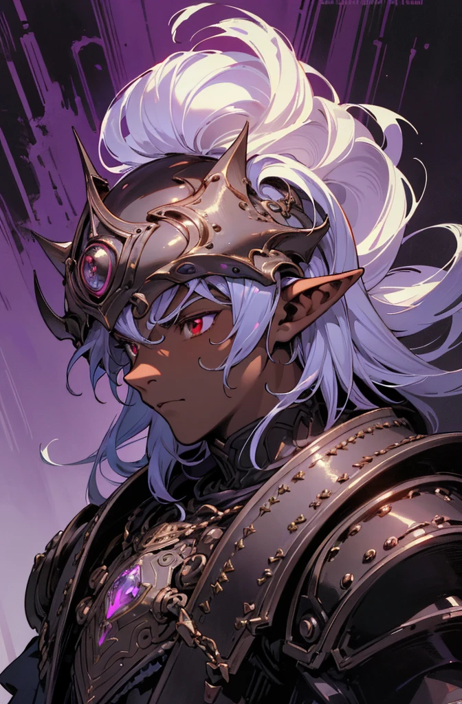 masterpiece, best quality, ultra high res, dark theme, 1boy, (dungeonpunk armor), (mechanical steampunk armor), (wearing armor), fantasy illustration, dark skinned, human, upper body, portrait, red eyes, long white hair, half-drow, pointy ears, serious face, young man, dramatic lighting, purple hue, art by Kinema Citrus
