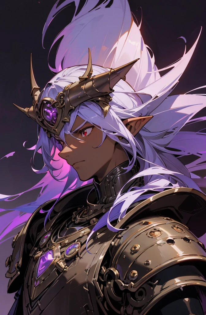 masterpiece, best quality, ultra high res, dark theme, 1boy, (dungeonpunk armor), (mechanical steampunk armor), (wearing armor), fantasy illustration, dark skinned, human, upper body, portrait, red eyes, long white hair, half-drow, pointy ears, serious face, young man, dramatic lighting, purple hue, art by Kinema Citrus
