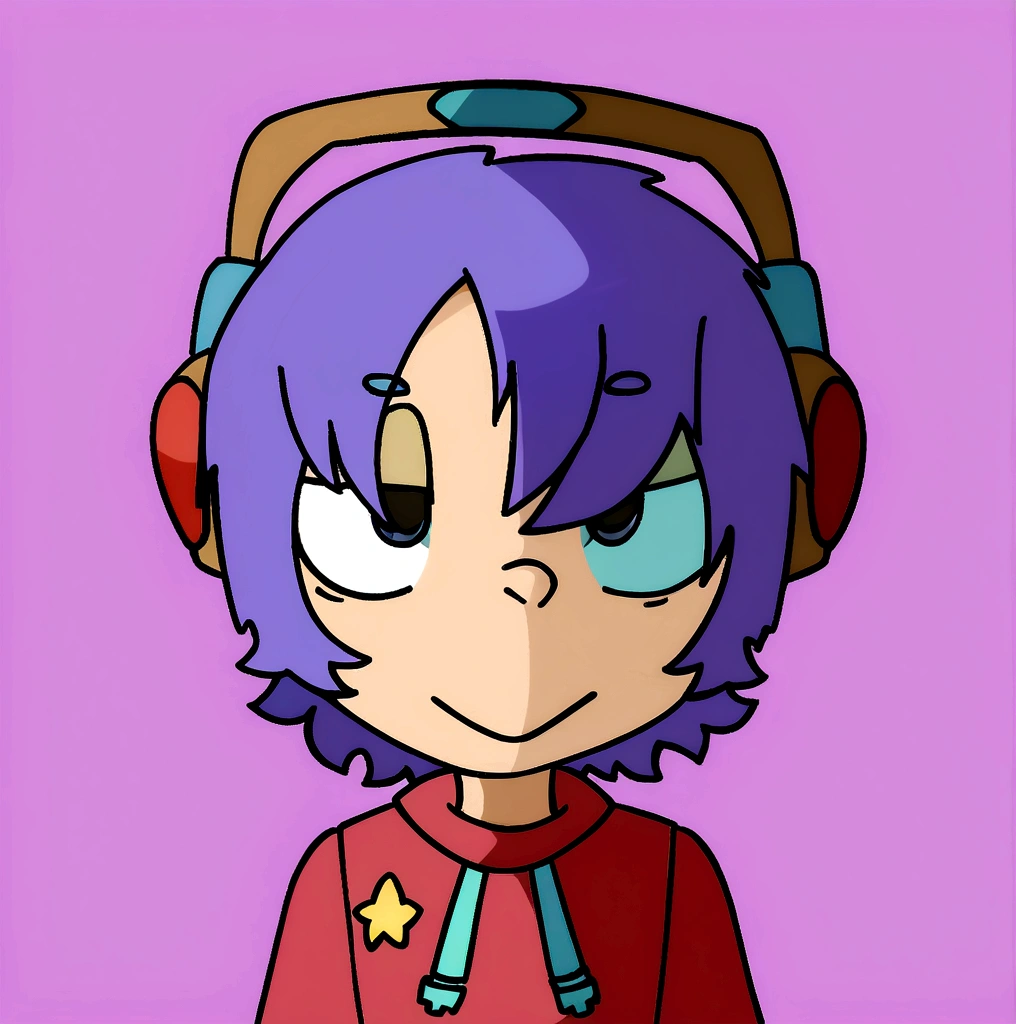 cartoon drawing of a boy with headphones and a star on her neck, 2 d anime style, anime moe artstyle, inspired by Un'ichi Hiratsuka, anime style character, wearing purple headphones, unknown artstyle, in an anime style, inspired by Puru, 2 d gorillaz, in anime style, anime boy, as an anime character