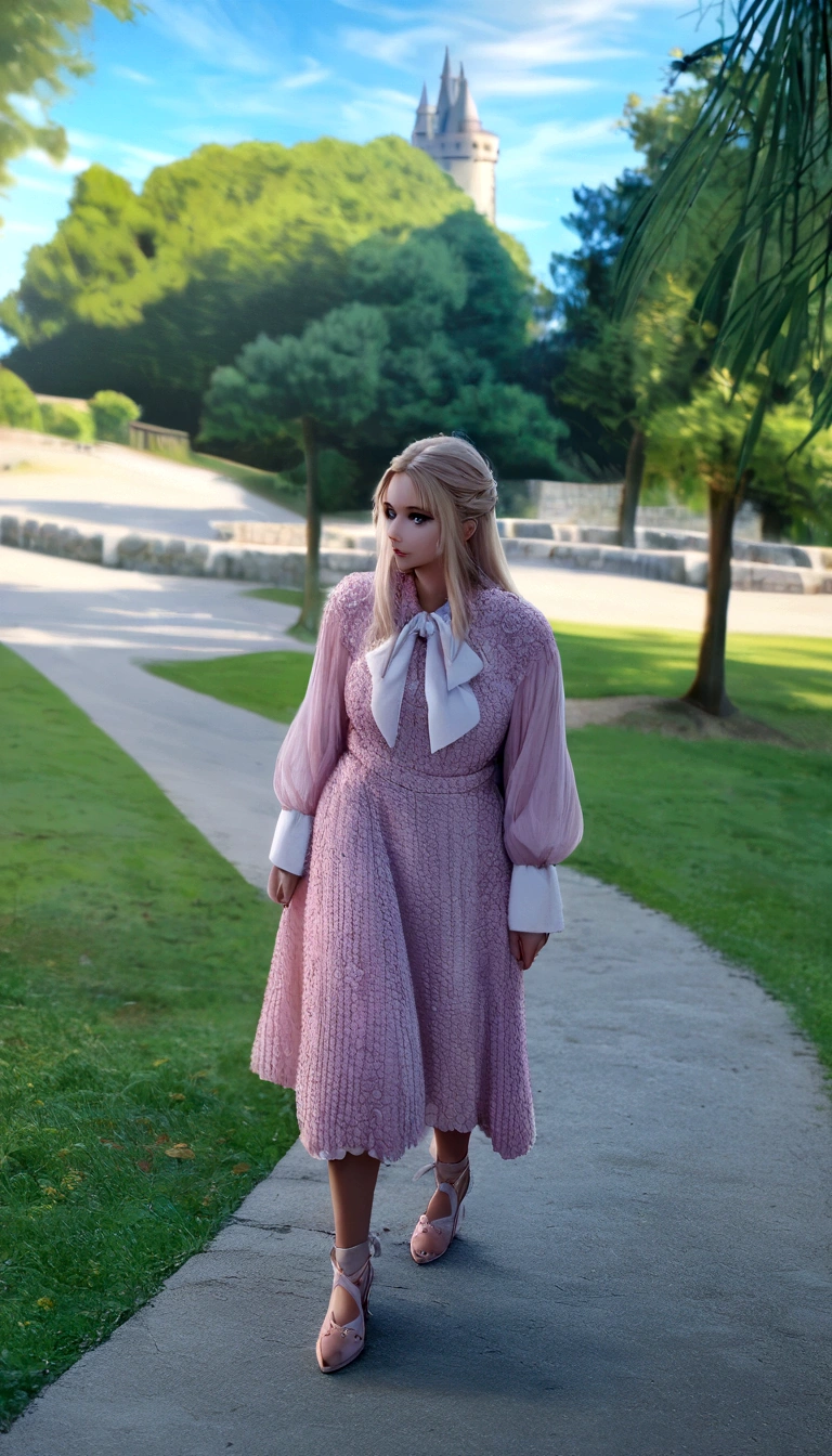 Master professional photography, Beautiful woman in pink dress,blondie hair, black eyes too, looking straight ahead, extreme textures and details, full body portrait shot, background of a forest with castle,