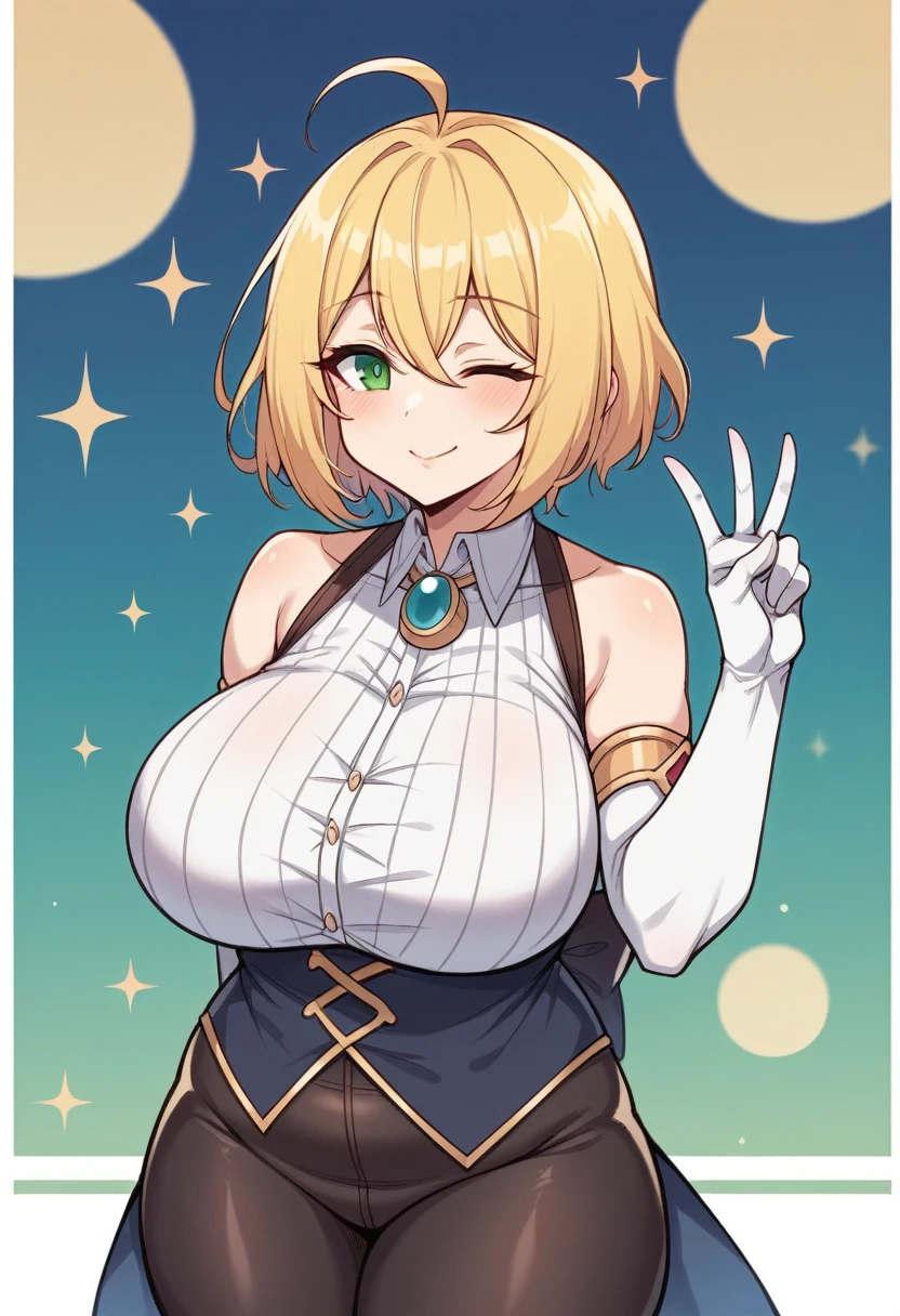 （One girl）、(short hair)、(sidelock)、((Blonde))、Princess Connect、((boyish))、huge breasts、Chubby、(beautiful girl)、[Big thighs]、Green Eyes、(Healer)、Black Vest、black leggings、White sleeveless、[hairs between eyes]、(long gloves)、closed mouth、wink、arm behind back