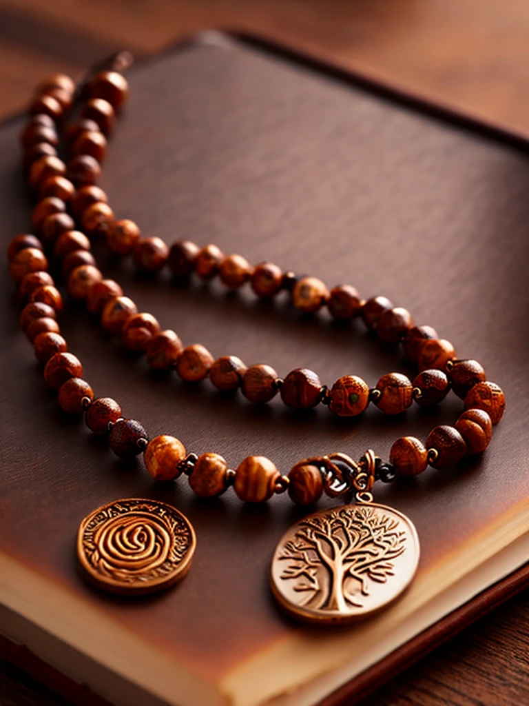 a prayer beads cord of brown beads with metalic medal carved with a tree, on a table, over a book, focus in the medal