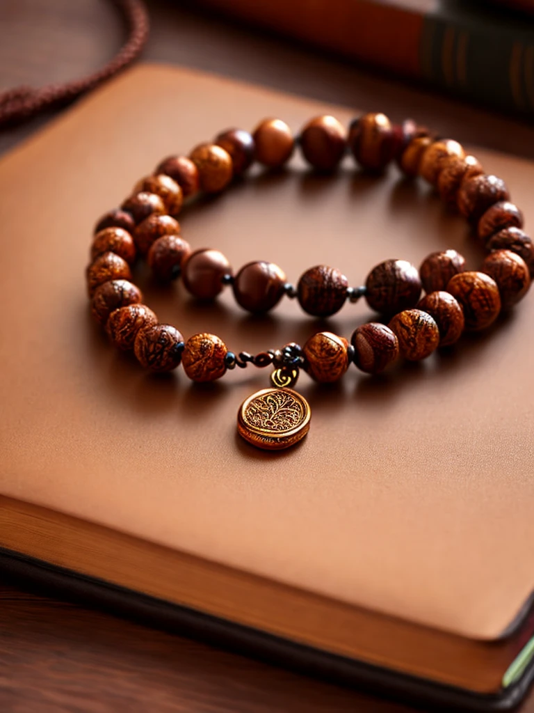 a prayer beads cord of brown beads with metalic medal carved with a tree, on a table, over a book, focus in the medal