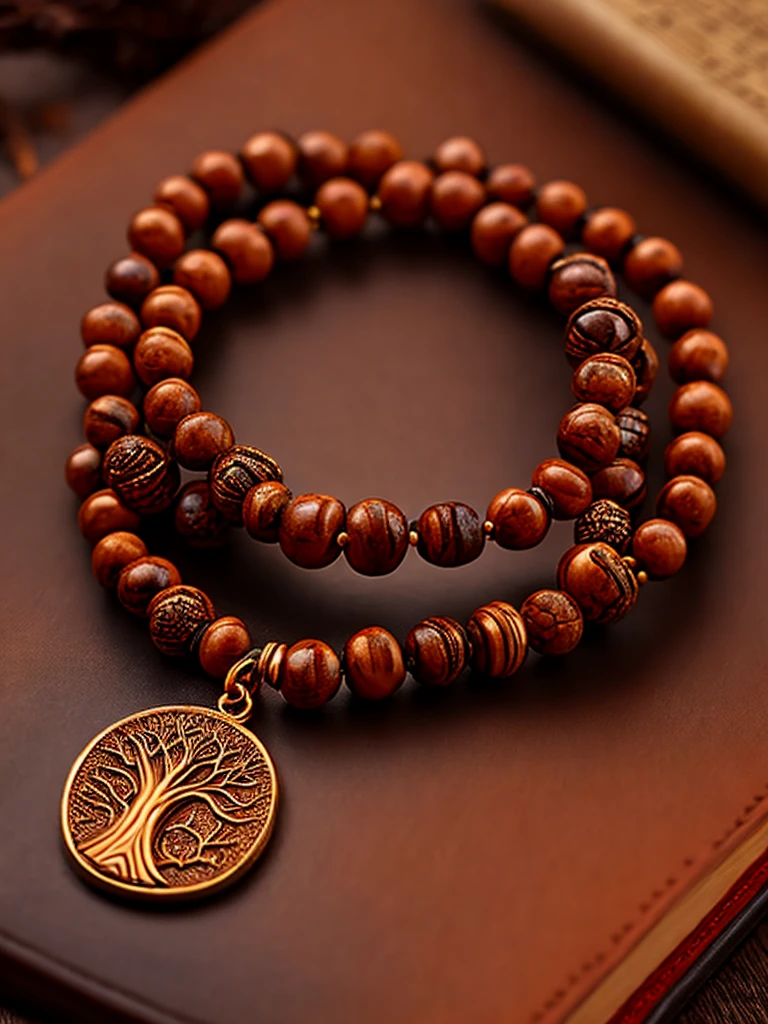 a prayer beads cord of brown beads with metalic medal carved with a tree, on a table, over a book, focus in the medal