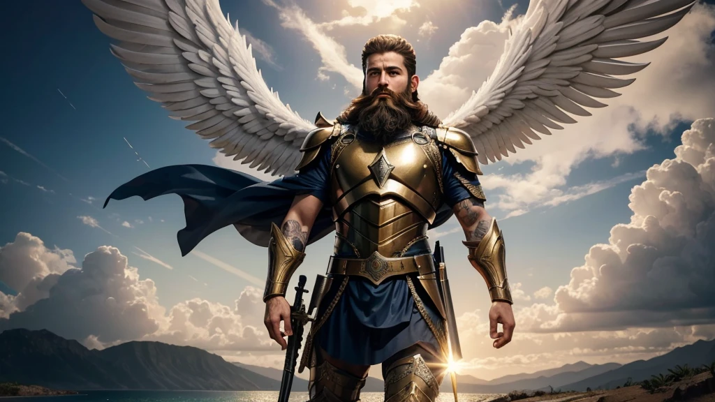 O angel de GOD, Anjo Masculino de GOD, God's doradas Army, naughty man, masculine masculine, mighty, Jewish Hebrew Beard, Detailed Realistic O angel de GOD, photorrealistic, ultra HD, fotorrealism, epic, armors de Guerra, soldier'badass clothing, warrior de GOD, warrior, Macho warrior, battle angel, Forte Angel de GOD, Divina armors de Guerra, Dressed for battle, Spiritual war, Batalha Espiritual, Spiritual Battle Angel, epic warrior do Altíssimo, paisagem photorrealistic, doradas sunset, gold color, Divine gold, Golden Light, sky, sky Power, Detailed realistic sunset, mountainous landscape, Rivers of water, sunset Realism, alone men, GOD man, naughty man'barba, GOD's Army Angel, armors Divina, doradas Army, Silver Army, armors, soldier Angel, Detalhes photorrealistics, GOD's angel masculino, GOD's Army, GOD's Hebrew, GOD's Strong Angel, GOD's Power, angel masculino, naughty man do sexo masculino, Camisa padoru, camisa chic, Closed blouse, closed shirt, long-sleeve shirt, doradas, Tunica, GOD'angel, barba, naughty man com barba, Large Beard, Barba Judaica, Hebrew, panorama, Alpha Male, Caminho para o sky, heavenly, Detailed 8K realistic image, Contraste photorrealistic 16K, Nitidez photorrealistic 8K, Núcleos 4K photorrealistics, Sombras photorrealistics 16K, Texturas photorrealistics 8K, Textura photorrealistic 16K, Luz photorrealistic 4K, fotorrealism 4K, FullHD 4K Detailed Contrast, detailed sharpness FullHD 8K, detailed sharpness FullHD 4K, detailed sharpness, 2K detailed colors, lifelike colors, FullHD Detailed Shadows, 4K Detailed Textures, detailed texture, padoru, natural beautiful, chic
